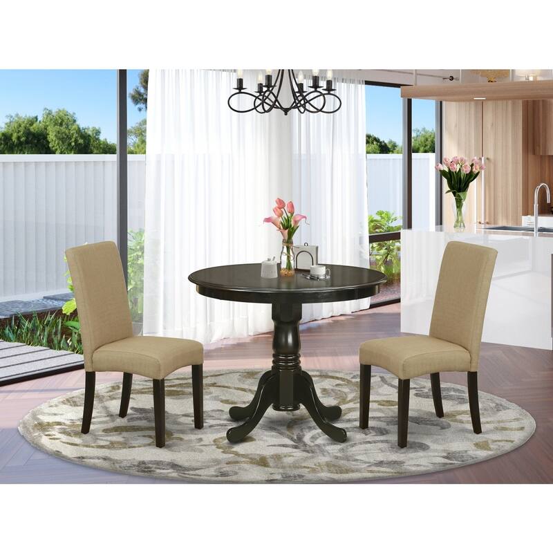 Round Dining Set - 36" Table with 2 Parsons Chairs - Linen Fabric & Cappuccino Finish