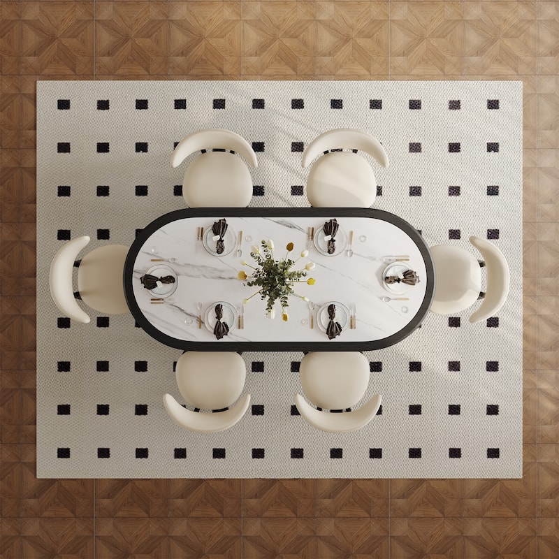 Modern 78.74" Oval Black Dining Table, Solid Wood Veneer, With White Sintered Stone Table top for 8