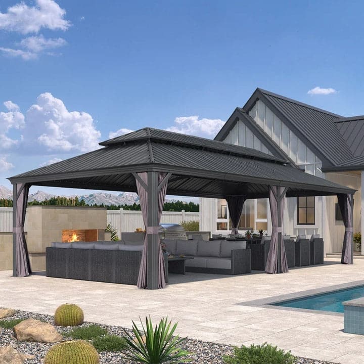 PURPLE LEAF Outdoor Galvanized Steel Hardtop Gazebo, Aluminum Frame Gazebo With Curtains - 12' x 28' - Grey