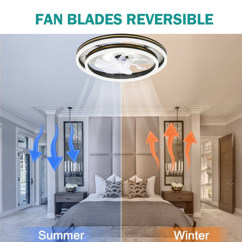 Oaks Aura 20in. LED Smart App Remote Control Low Profile Dual Tier Ceiling Fan Flush Mount Dimmable Bedroom Lighting