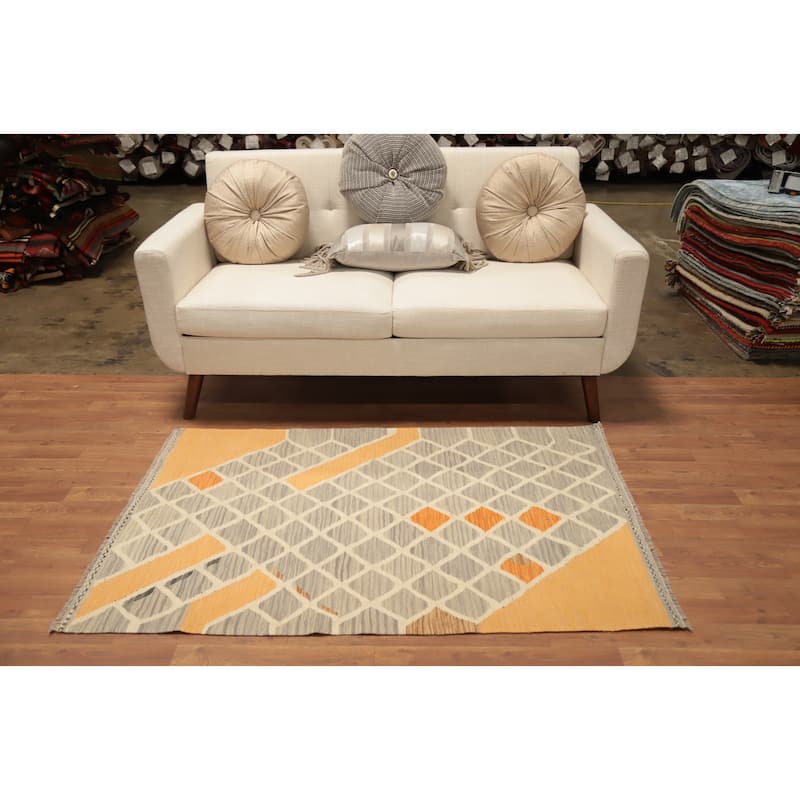 Hand Woven Oriental 100% Wool Carpet Southwestern Tribal Greys & Charcoal Kilim Area Rug - 4' 10'' X 3' 3''