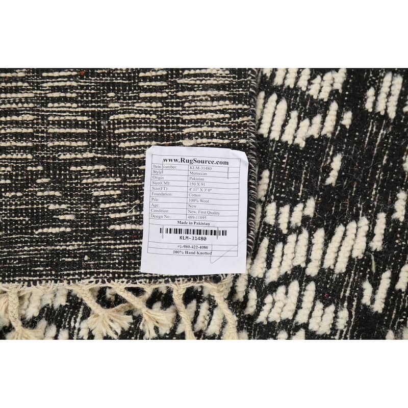 Black & White Moroccan Abstract Rug Hand-Knotted Wool Carpet - 3'0"x 4'11"