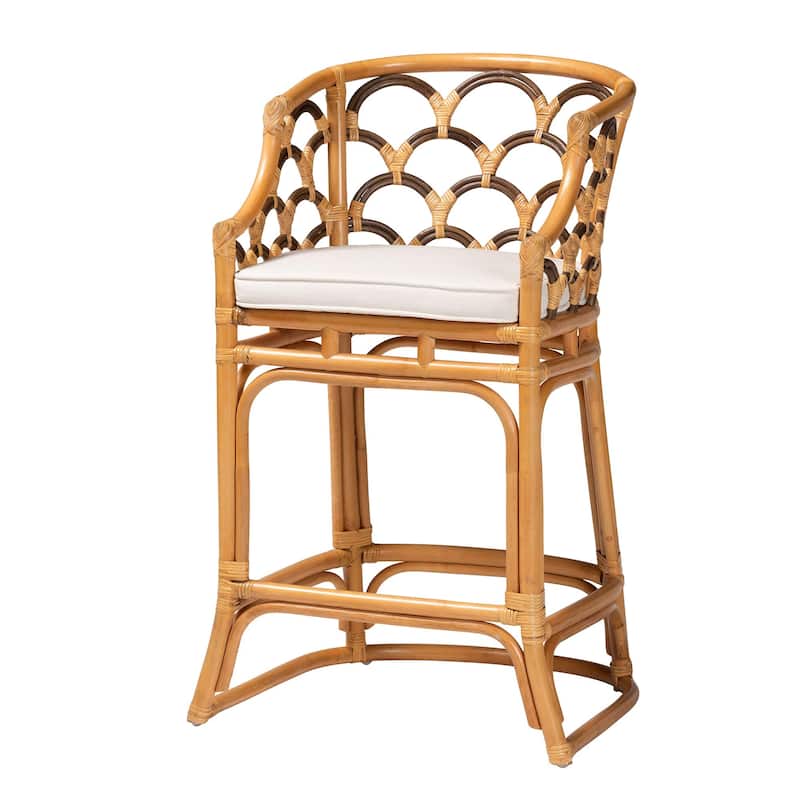 Veneto Modern Bohemian Light Honey and Dark Brown Rattan Bar Stool - Bar Height - Single