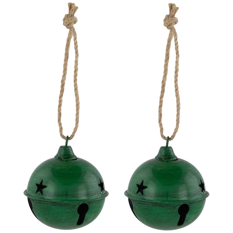 Antiqued Christmas Jingle Bells Ornaments - 3" - Green - Set of 2 - 7"