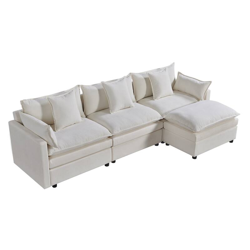Spacious L-Shaped Chenille Couch with Ottoman Bench, 3-Seater Sleeper Sofa for Living Room