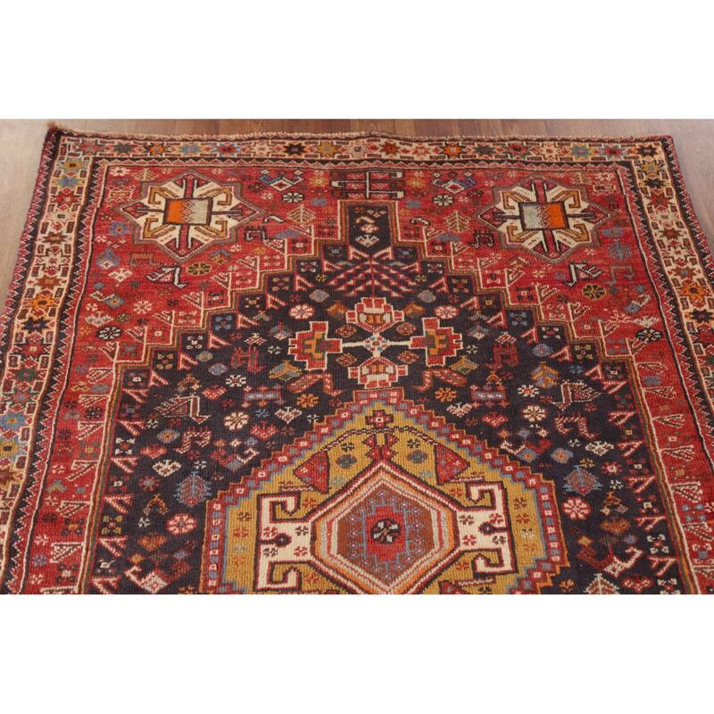 Hand Knotted Oriental 100% Wool Carpet Traditional Tribal Navy Blue & Blues Shiraz Area Rug - 5' 3'' X 3' 11''