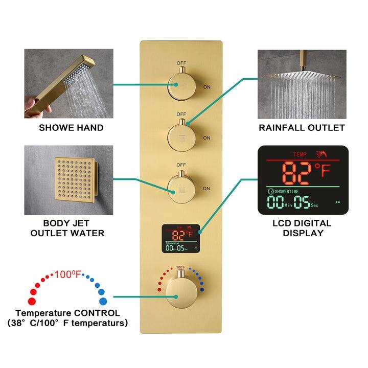 brushed gold ceiling mount 12 inch rain 3 way digital display thermostatic shower faucet - 7'6" x 10'9"