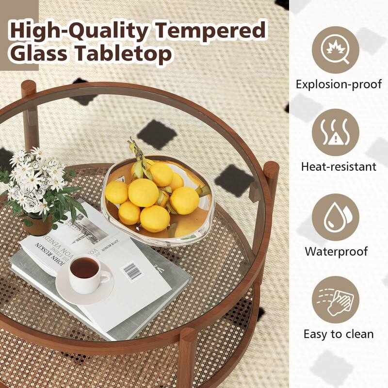 Costway Wooden 31" Round Coffee Table with Tempered Glass Top Handmade - Cherry+Transparent - See Details