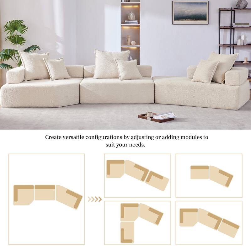 Roomfitters Oversized Modular Sofa with 3-Piece Boucle Set, Convertible Floor Couch for Living Room, Beige