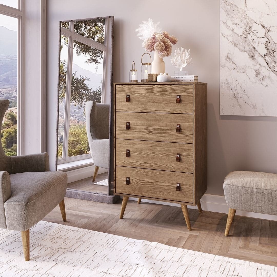 Tall Dresser with 4 Drawers Faux Leather Handles - Bed Bath & Beyond -  37784687