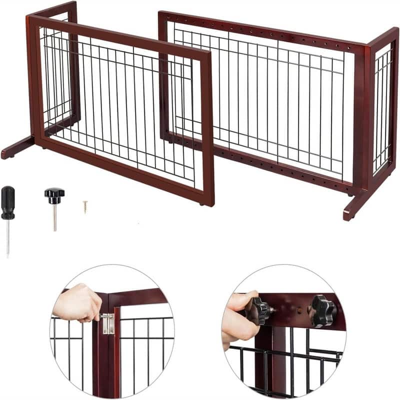 Bonnlo 4 Panels Adjustable Pine Pet Gate Coffee - N/A