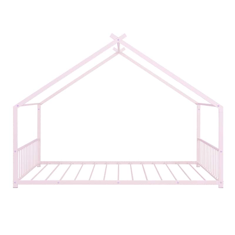 Metal House Bed with Roof, Fence, and Back