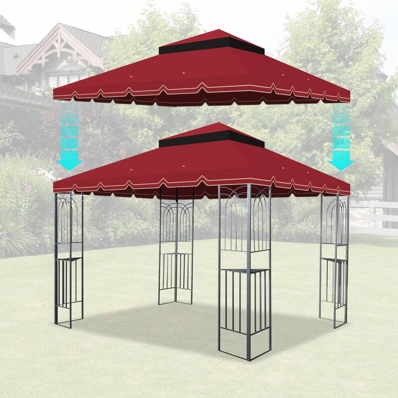 10x10 Ft Double Tiered Outdoor Gazebo Replacement Canopy with Drain Holes and Mosquito Netting - Red