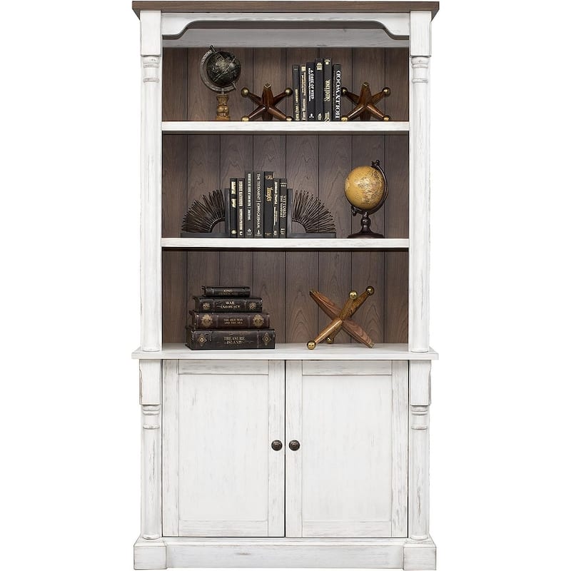 Rustic Wood Bookcase With Doors, Storage Cabinet, White - 42w x 78h x 16d - Weathered white finish