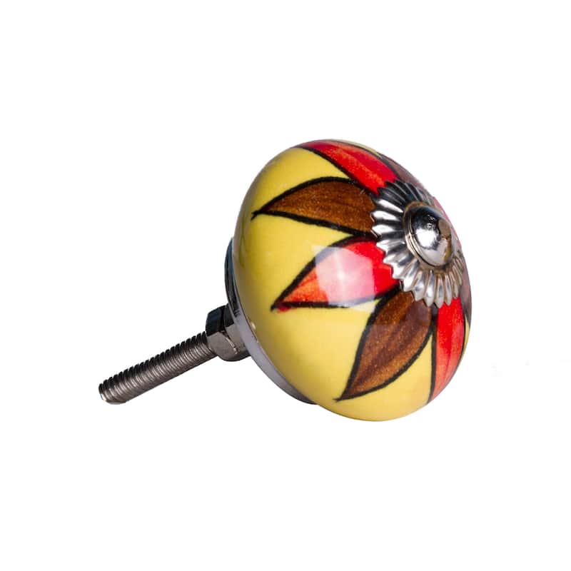 HomeRoots Set of Eight Red And Yellow Floral Ceramic Drawer Pull Knobs - 1.5" x 1.5" x 1.5"
