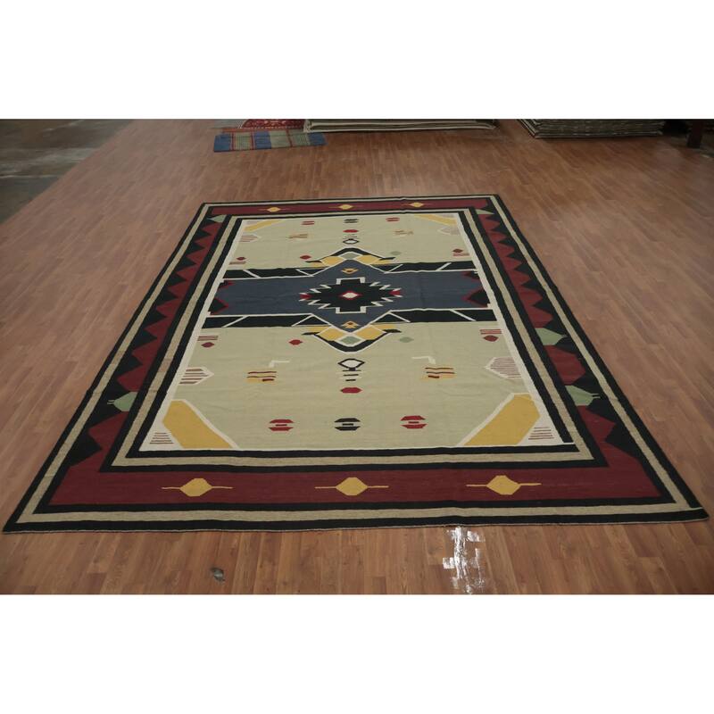 Hand Woven Oriental 100% Wool Carpet Southwestern Tribal Green Kilim Area Rug - 13' 4'' X 9' 7''