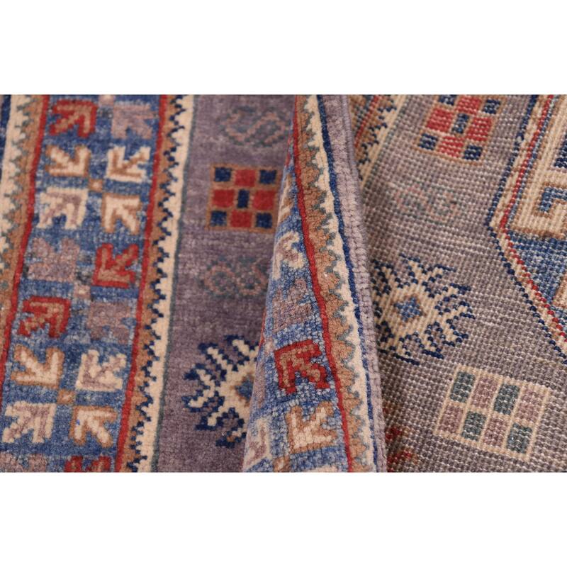 Southwestern Kazak Riley Gray/Light Blue Wool Runner - 2'7'' x 9'9''