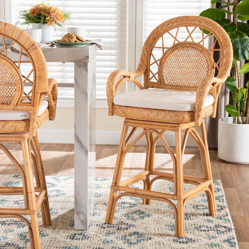 Adam Natural Rattan Counter Stool with Cushion - Handwoven Wicker Swivel Bar Chair for Kitchen Island or Lounge Area