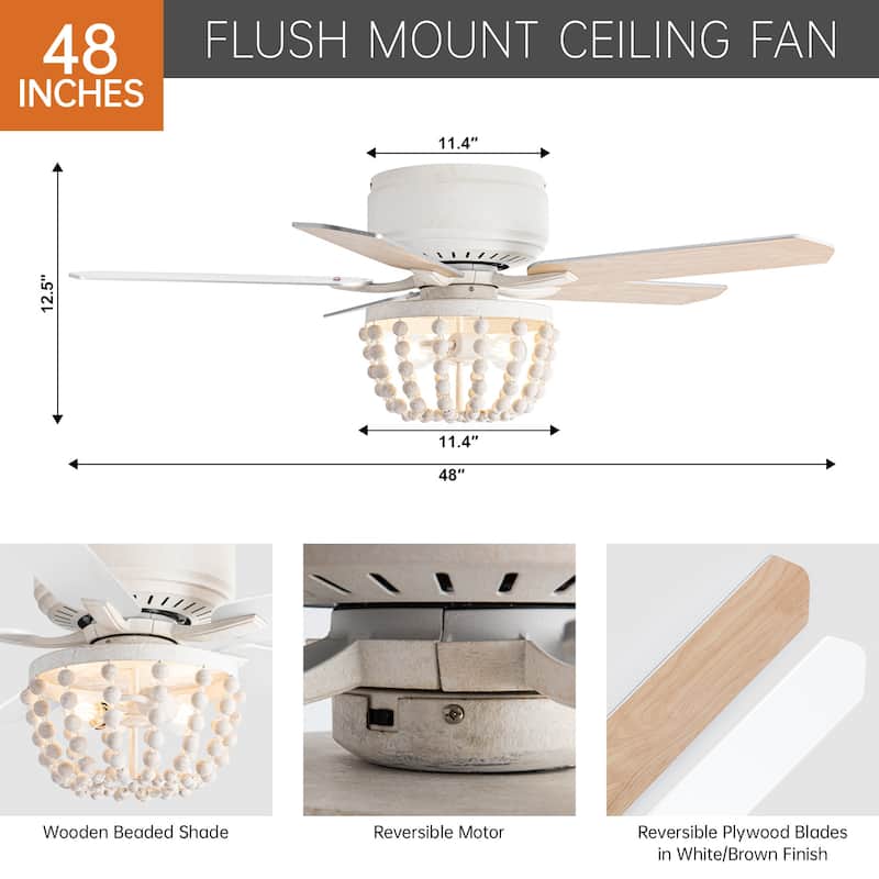 48" White Coastal Bohemian Wooden Bead Flush Mount Ceiling Fan with Light and Remote
