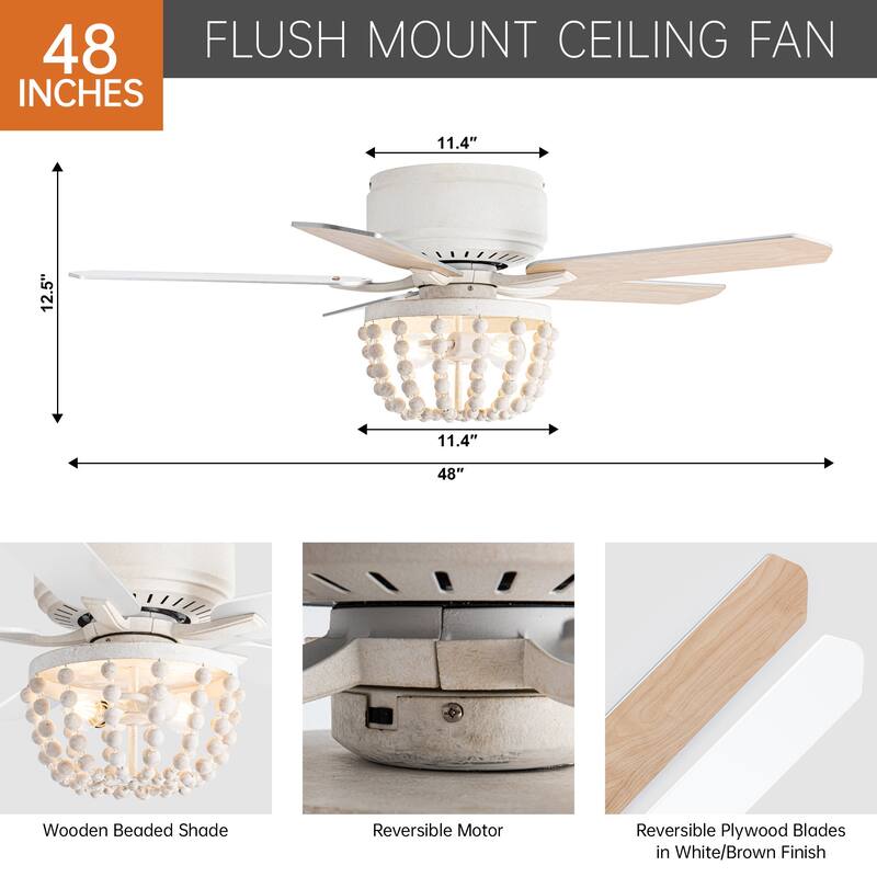 48-in White Coastal Bohemian Wooden Bead Flush Mount Ceiling Fan with Light and Remote