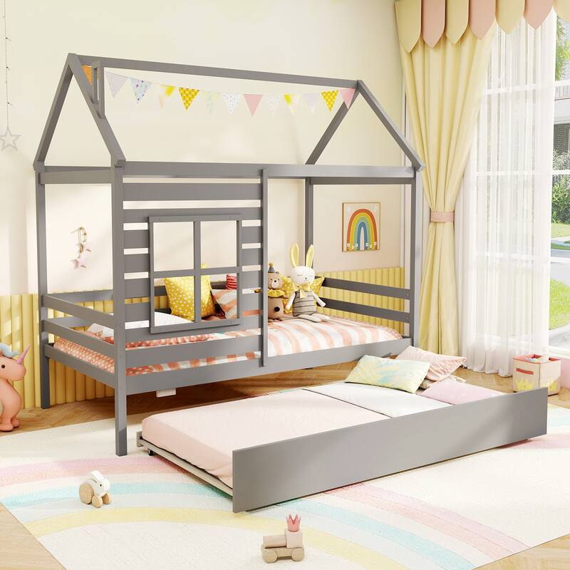 Gymax Twin Size House Bed with Trundle Wooden Platform Bed w/ Roof