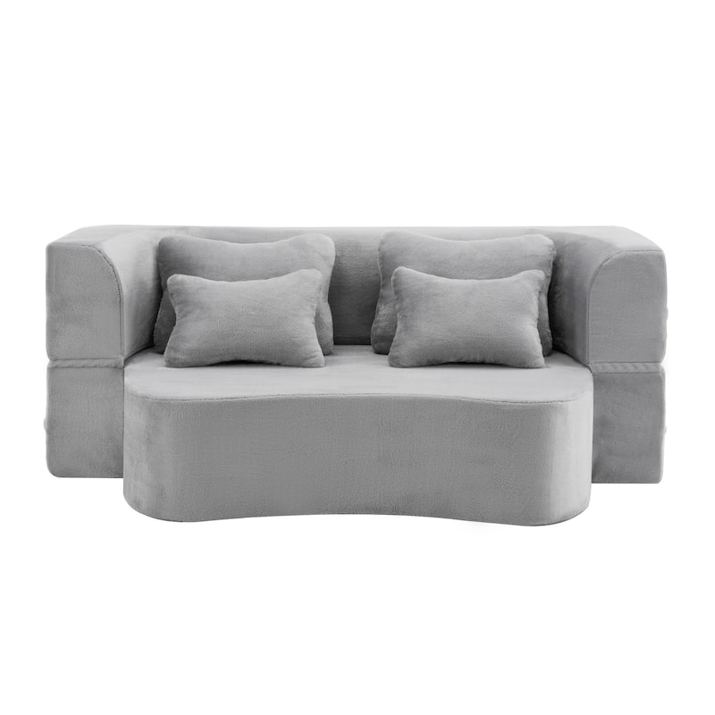 Queen Size Modern Sofa With 4 Pillows,Plush Fabric Futon Sofa Couch,High-Density Foam Folding Mattress,No Assembly Required