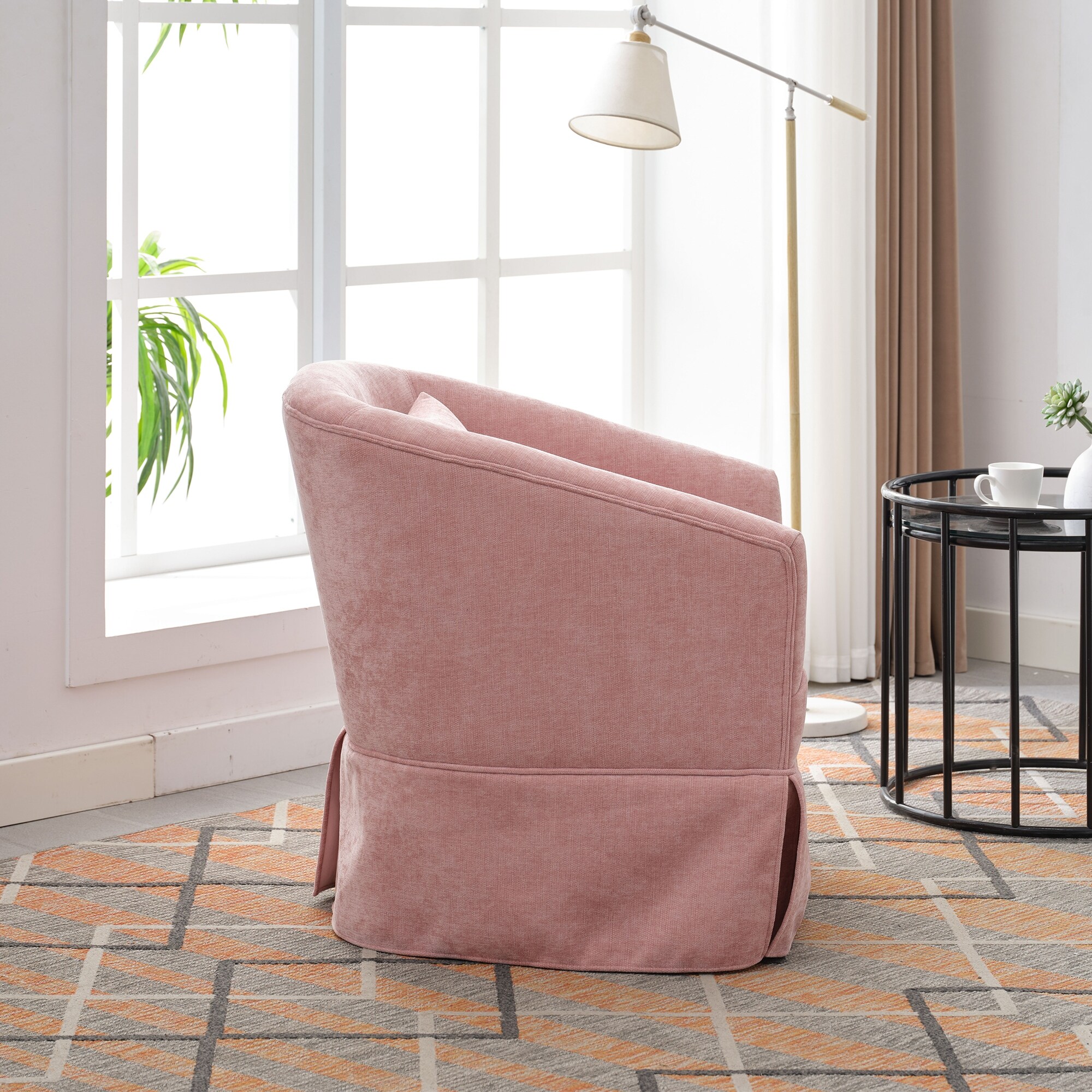 カナデモノ 椅子　Linen Round Lounge Chair - Pink Pink Round Sofa Chair, Lounge Reading Armchair with Skirt Linen