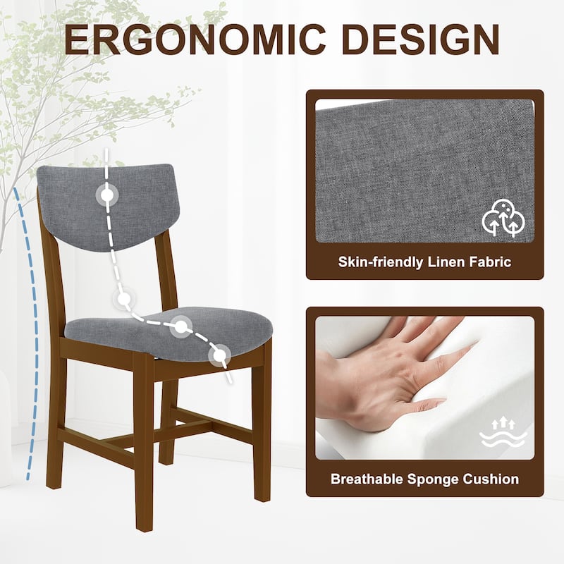 4-Piece Rustic Farmhouse Dining Chair Set, Solid Wood Frame with Gray Fabric Upholstered Cushion