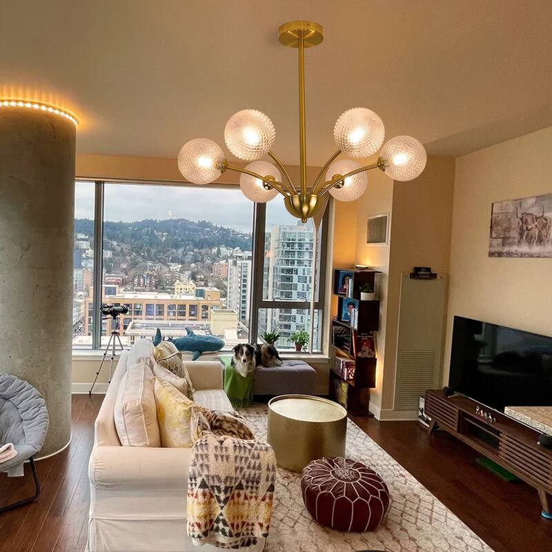 6 - Light Polished Brass Chandelier, Hand crafted Textured Glass Globes - Gold