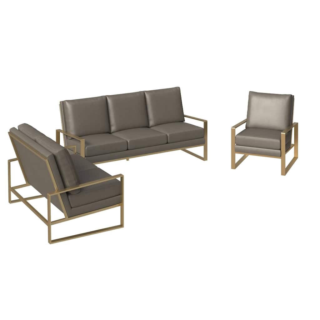LeisureMod Jefferson Modern Leather 3-Piece Sofa Set with Armchair and Brushed Gold Steel Base for Living Room or Bedroom