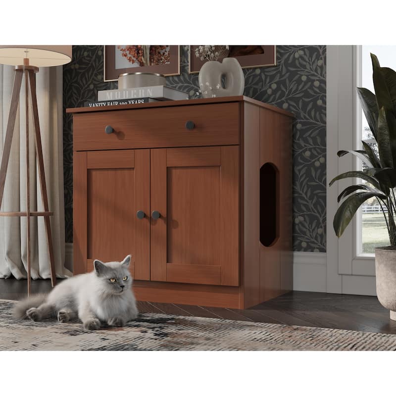 Palace Imports 100% Solid Wood Ziva 2-Door Cat Litter Box Enclosure with 2-Drawers - Mocha