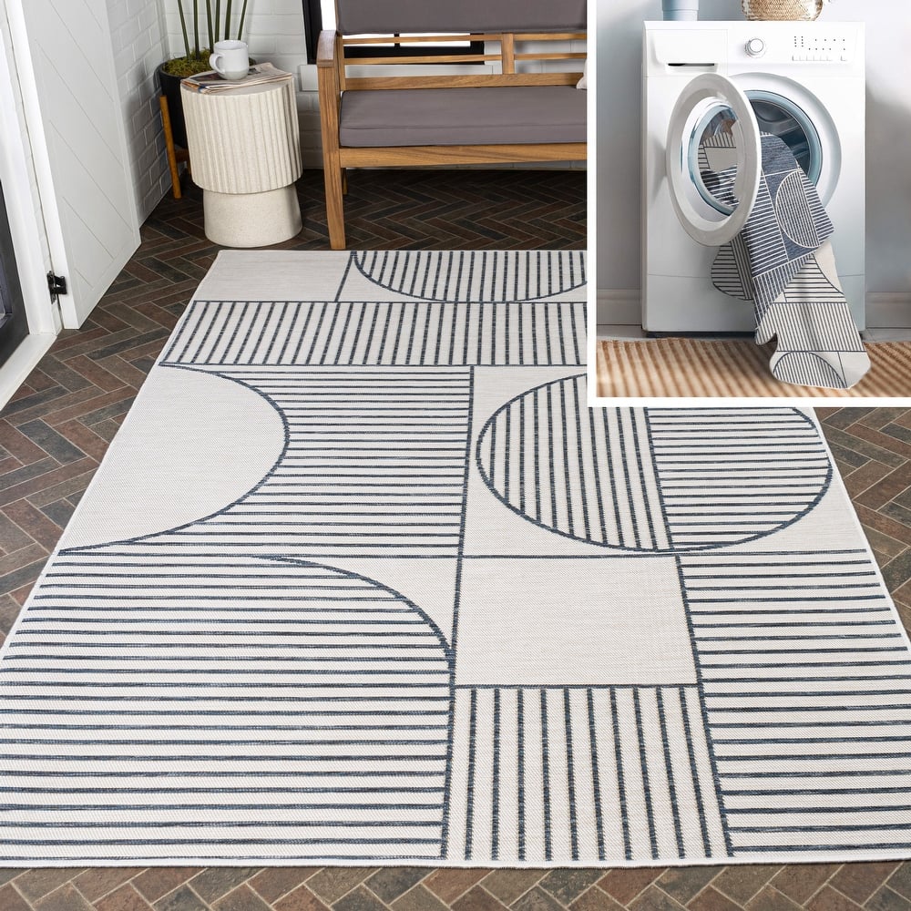 JONATHAN Y Reversible Biot Mid-Century Modern Geometric Lines Machine-Washable Navy/Cream Indoor/Outdoor Area Rug