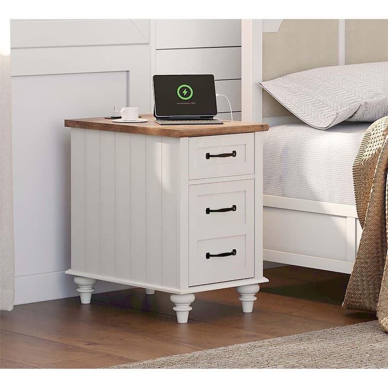 Nightstand End Table With Charging Station for Living Room Bedroom - Off White - 1-drawer