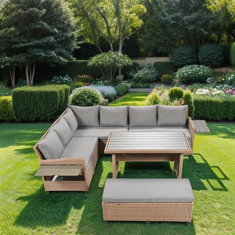 5Piece Outdoor Patio Rattan Sofa Set, Sectional Pe Wicker LShaped