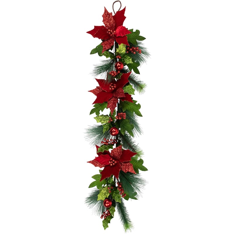 48" Glittered Red Poinsettia and Long Pine Christmas Swag Unlit