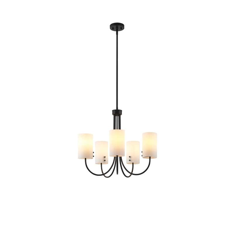 KAWOTI 5-Light Chandelier with White Fluted Glass Shade - W27.75" x H22.25" - W27.75" x H22.25"
