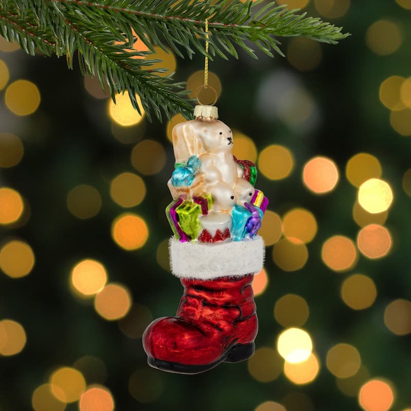 5" Shiny Red Present Filled Stocking Hanging Glass Christmas Ornament