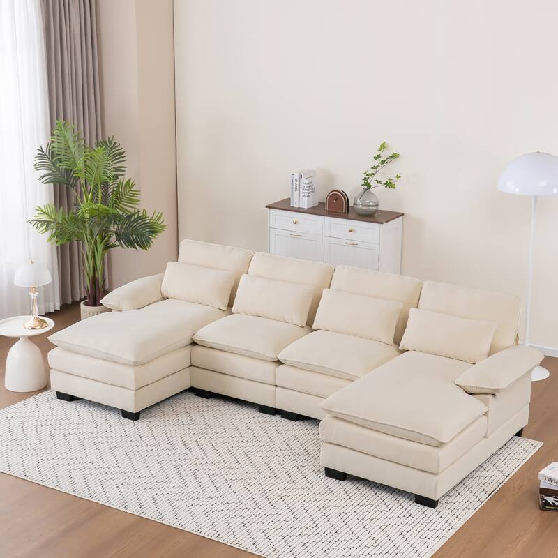 U Shape 111.8"Modern Comfort Combination Sectional Sofa,4-seat Velvet Fabric Upholstered Sofas with Chaise Lounge & Pillows - White