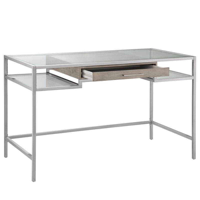 Roomfitters 48-Inch Contemporary Writing Desk, Tempered Glass Top with Antique Brushed Silver Metal Frame - Antique Silver