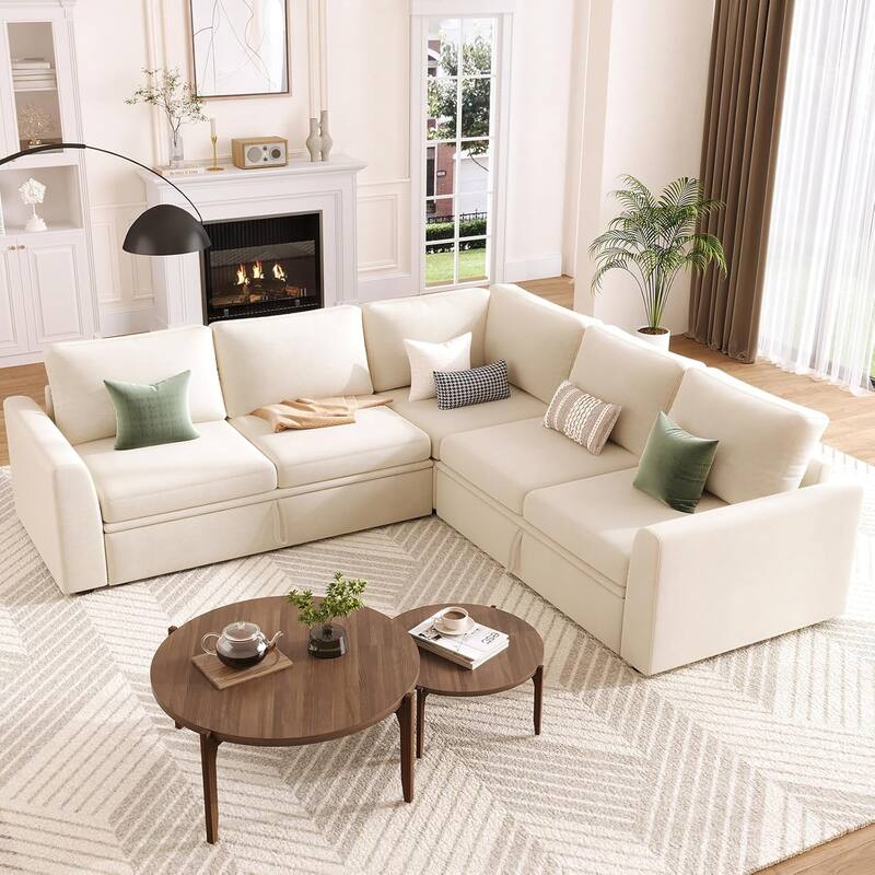 Sectional Sleeper Sofa with Pull Out Bed, Chenille Modular Sectional Sofa L Shaped Couch with Pull Out Couch