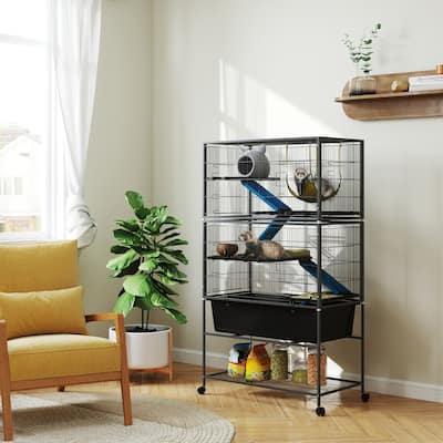 Dark Grey 5-Tier Small Animal Cage with Wheels Hammock Platforms Ramps and Storage Shelf - 34.6" L x 18.9" W x 59.3" H