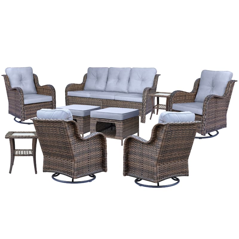 9 Piece Outdoor Patio Furniture Set Wicker Swivel Chair with Ottoman