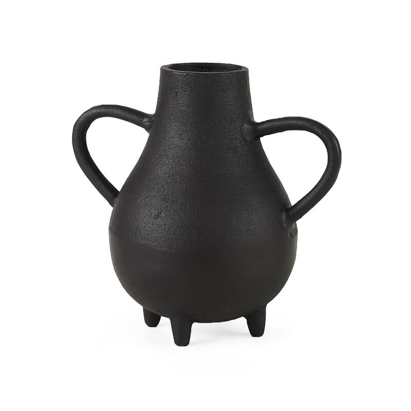 Black Ceramic Matte Oval Jug Vase with Three Legs, Handmade Distressed Rustic Design - Black
