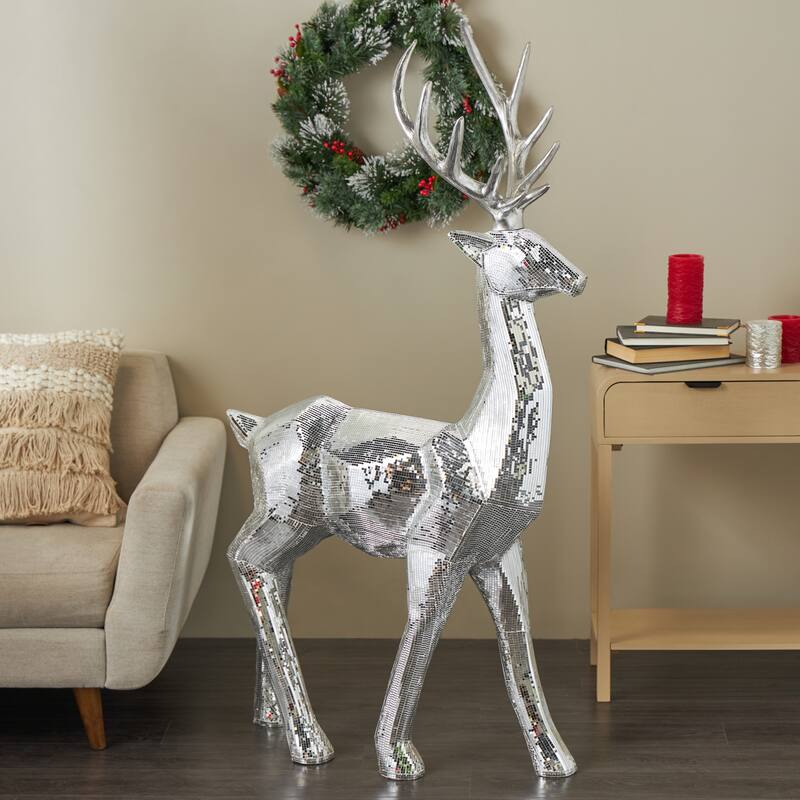 Silver or Copper Fiberglass Floor Reindeer Christmas Sculpture with Mosaic Pattern - Silver