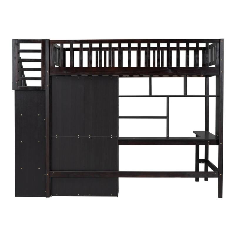 Twin Loft Bed with Bookshelf, Drawers, Desk, and Wardrobe in Espresso