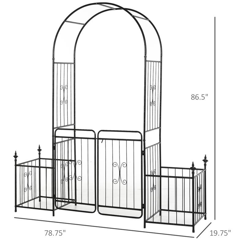 Outsunny 7.2' Metal Garden Arbor Arch Gate with 2 Side Planter Boxes, Climbing Vine Frame, & Double Door Design