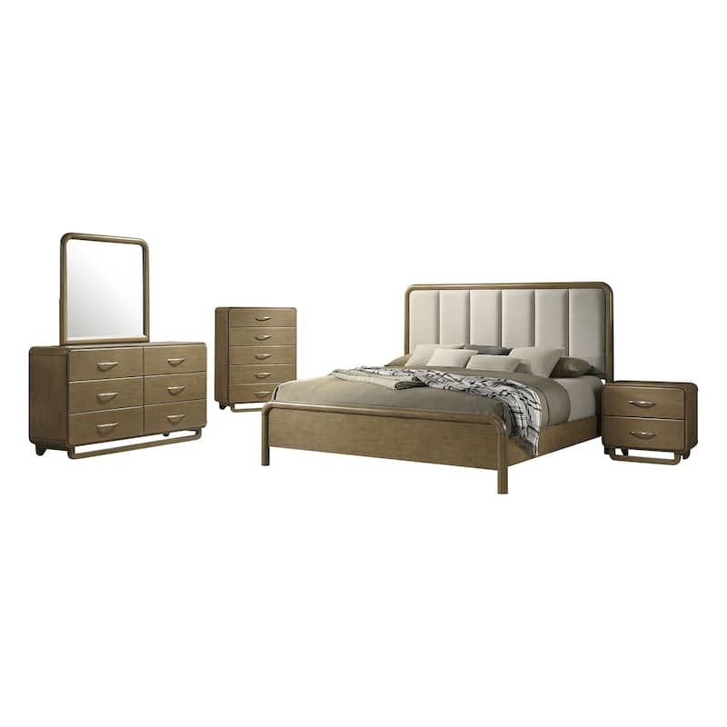 Upholstered Queen Size Bedroom Set in Nutmeg and Beige - 5 Piece