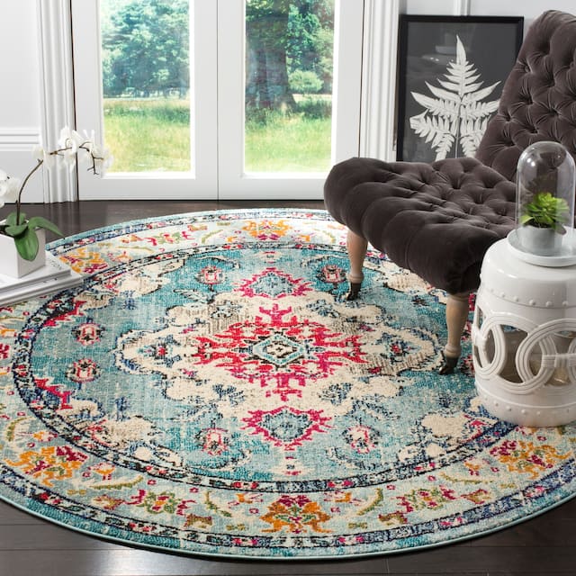 SAFAVIEH Monaco Lillie Boho Medallion Distressed Area Rug - 11' x 11' Round - Light Blue/Fuchsia