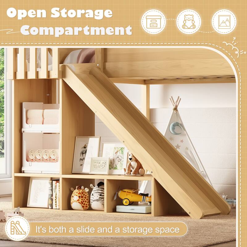 Modern High Loft Beds with Full Length Guardrails, Solid Wood Storage Loft Bed Frame with Detachable Slide and Ladders