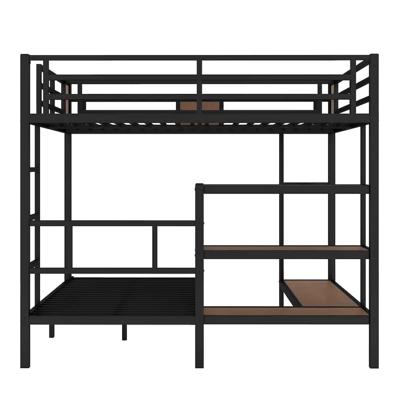 Queen over Twin Metal Bunk Bed with Hangers and Shelves, Heavy Duty Metal Bunk Bed Frame with Storage Area on Upper Bed